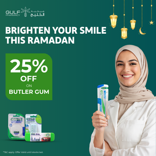 Butler Gum dental care banner with up to 25% off for Ramadan.