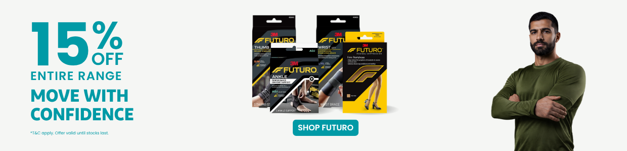15% off 3M Futuro support range with wrist, ankle and knee braces and Shop Futuro button.