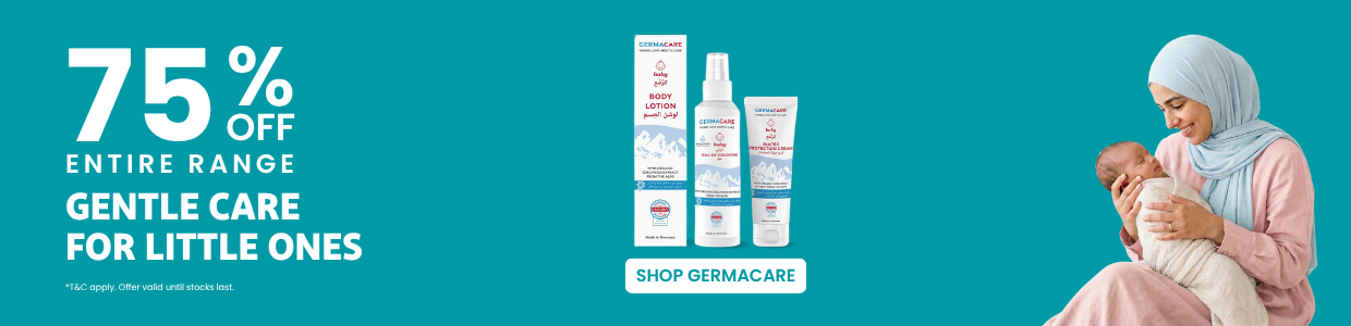 Germacare baby care range banner with 75% off and mother holding baby.