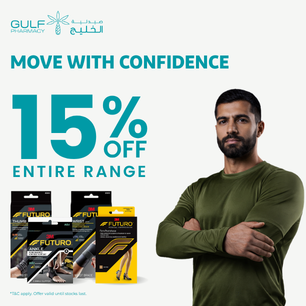 15% off 3M Futuro support range with wrist, ankle and knee braces and Shop Futuro button.