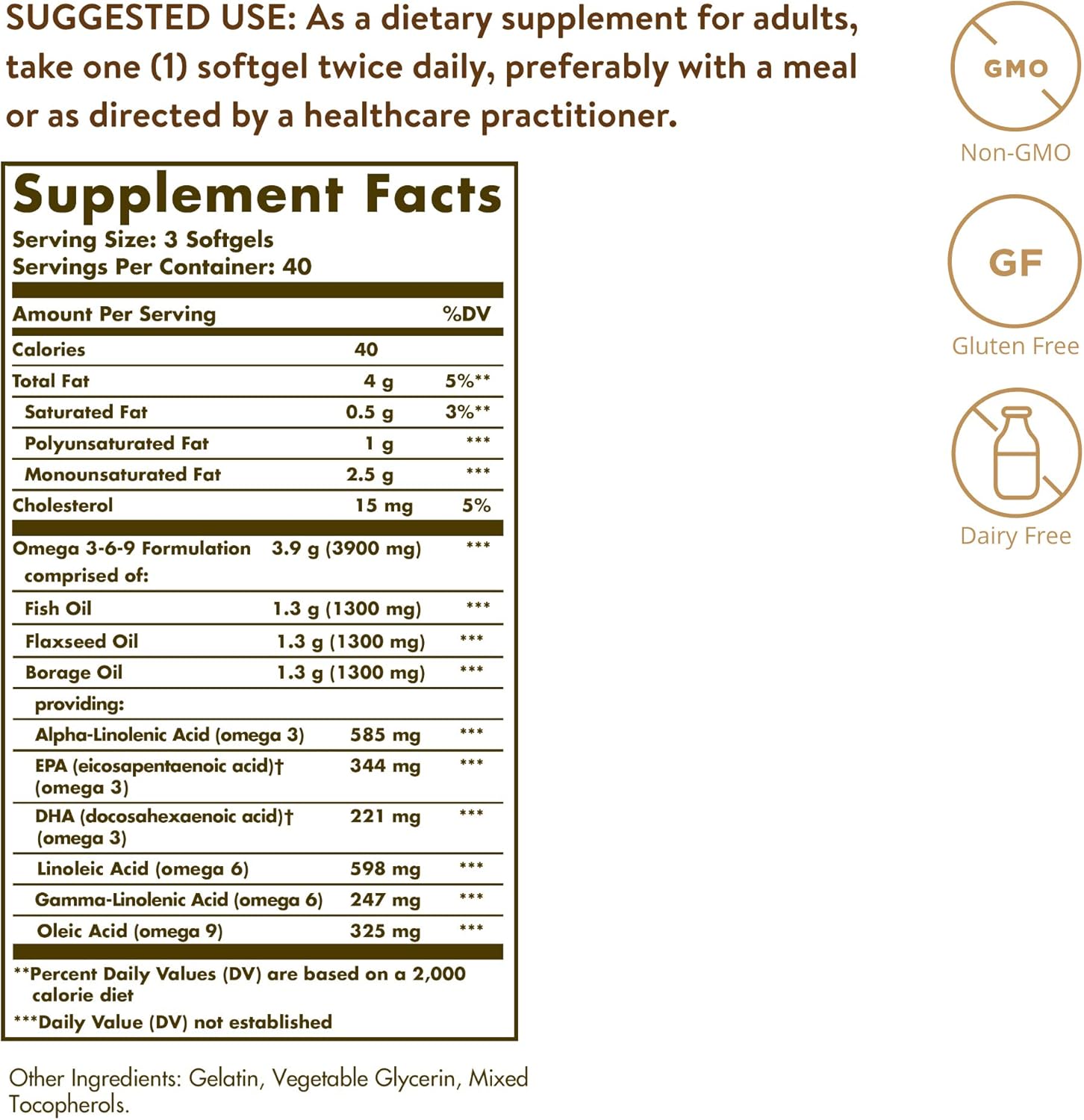 Solgar Fish, Flax & Borage Omega 3-6-9 1300mg 120 Softgels For Heart, Skin & Joint Health