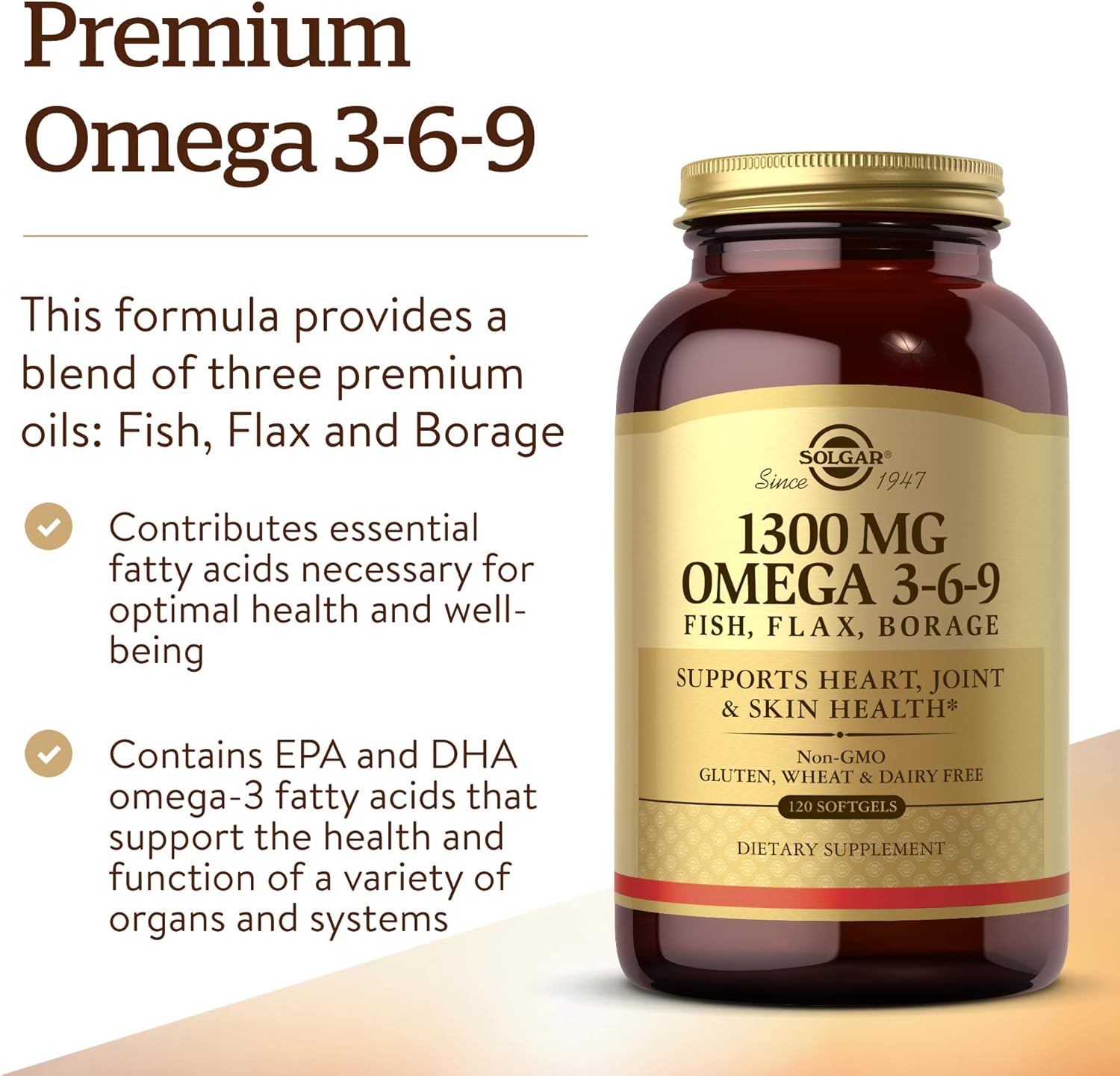 Solgar Fish, Flax & Borage Omega 3-6-9 1300mg 120 Softgels For Heart, Skin & Joint Health