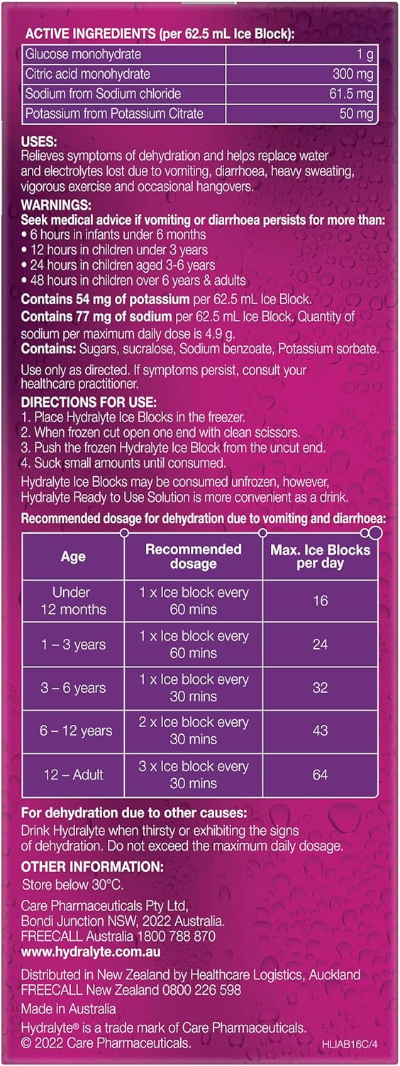 Hydralyte Apple & Blackcurrant Ice Blocks For Electrolyte Hydration 62.5ml X 16