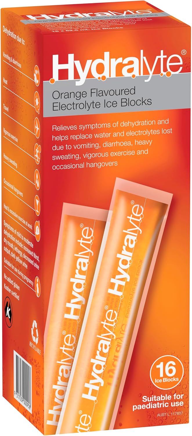 Hydralyte Orange Ice Blocks For Electrolyte Hydration 62.5ml X 16