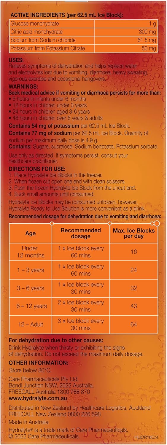 Hydralyte Orange Ice Blocks For Electrolyte Hydration 62.5ml X 16