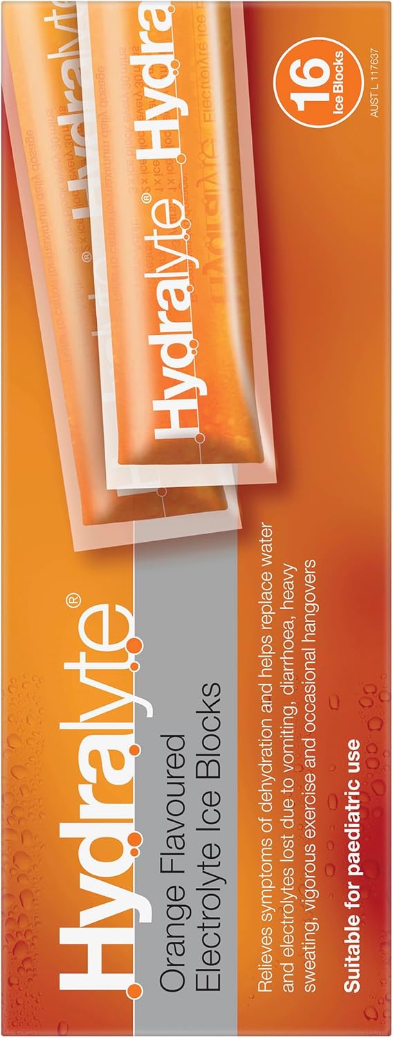 Hydralyte Orange Ice Blocks For Electrolyte Hydration 62.5ml X 16