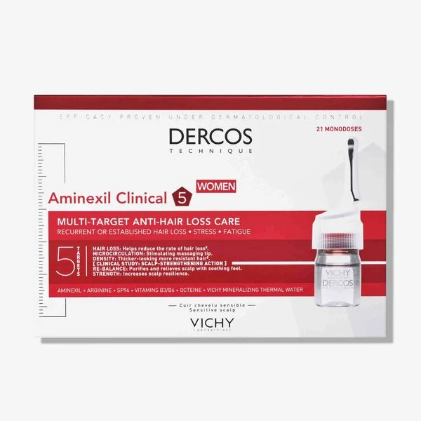Vichy Dercos Aminexil Clinical 5 Women Anti-hair Loss Treatment 6ml X 21 Monodoses – Helps Reduce Hair Loss