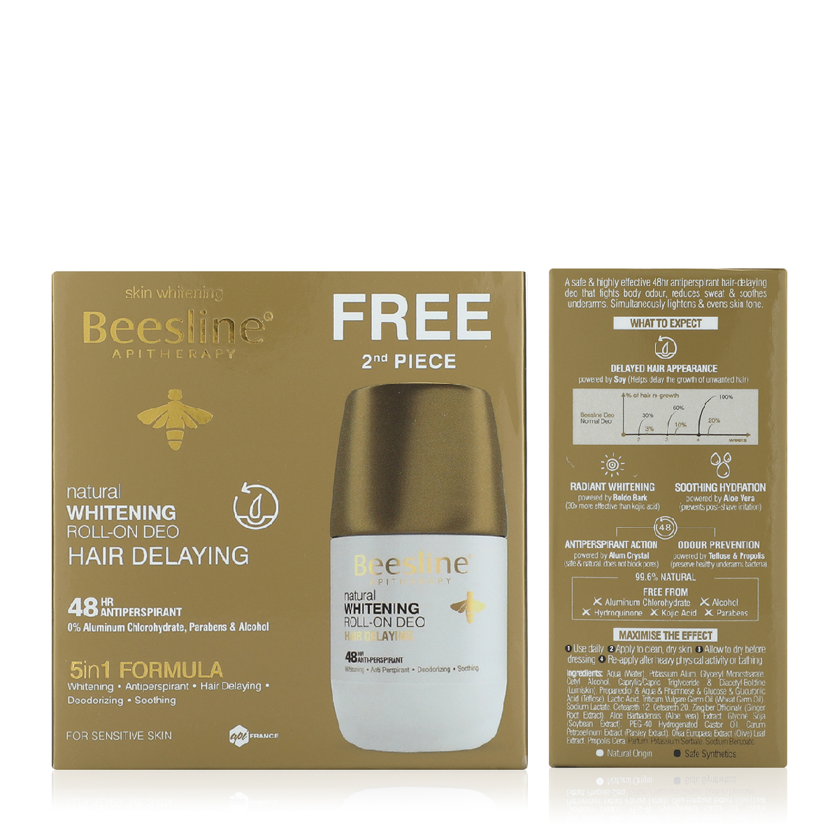 Beesline Whitening Roll-on Deodorant 48h Hair Delaying 2 X 50ml (1+1 Free) – Brightening, Sweat Protection & Hair Regrowth Delay