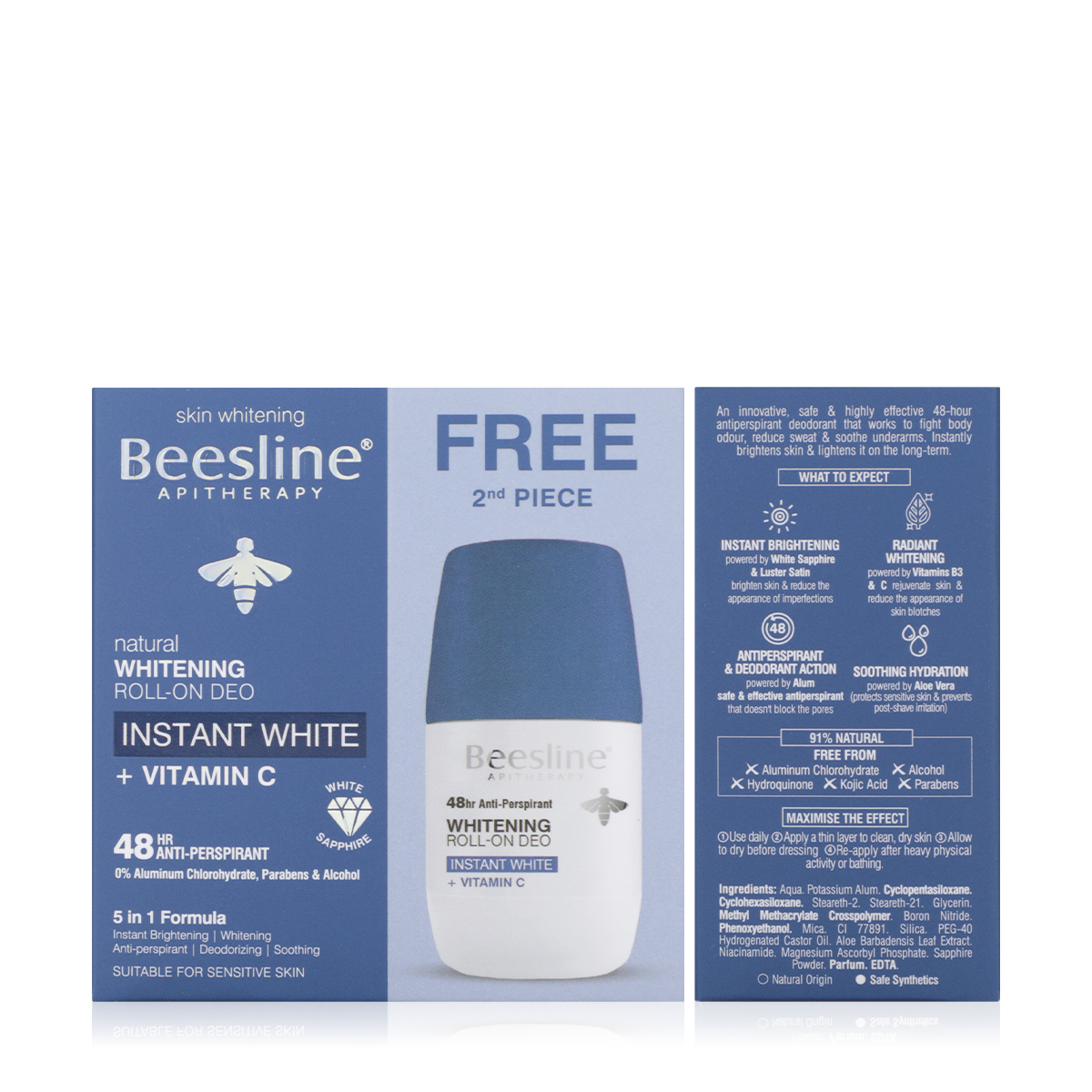 Beesline Whitening Roll-on Deodorant 48h Instant White + Vitamin C 2 X 50ml (1+1 Free) – Brightening, Sweat & Odour Protection