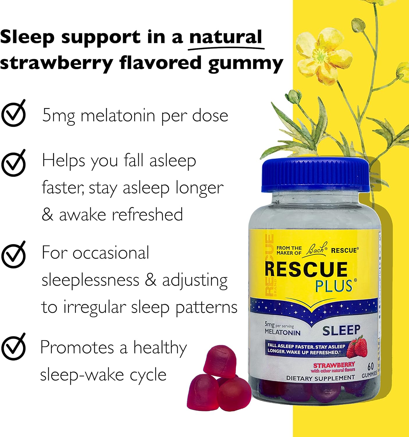 Bach Rescue Plus Sleep Melatonin 5mg Per Serving Strawberry 60 Gummies – Healthy Sleep Cycle Support