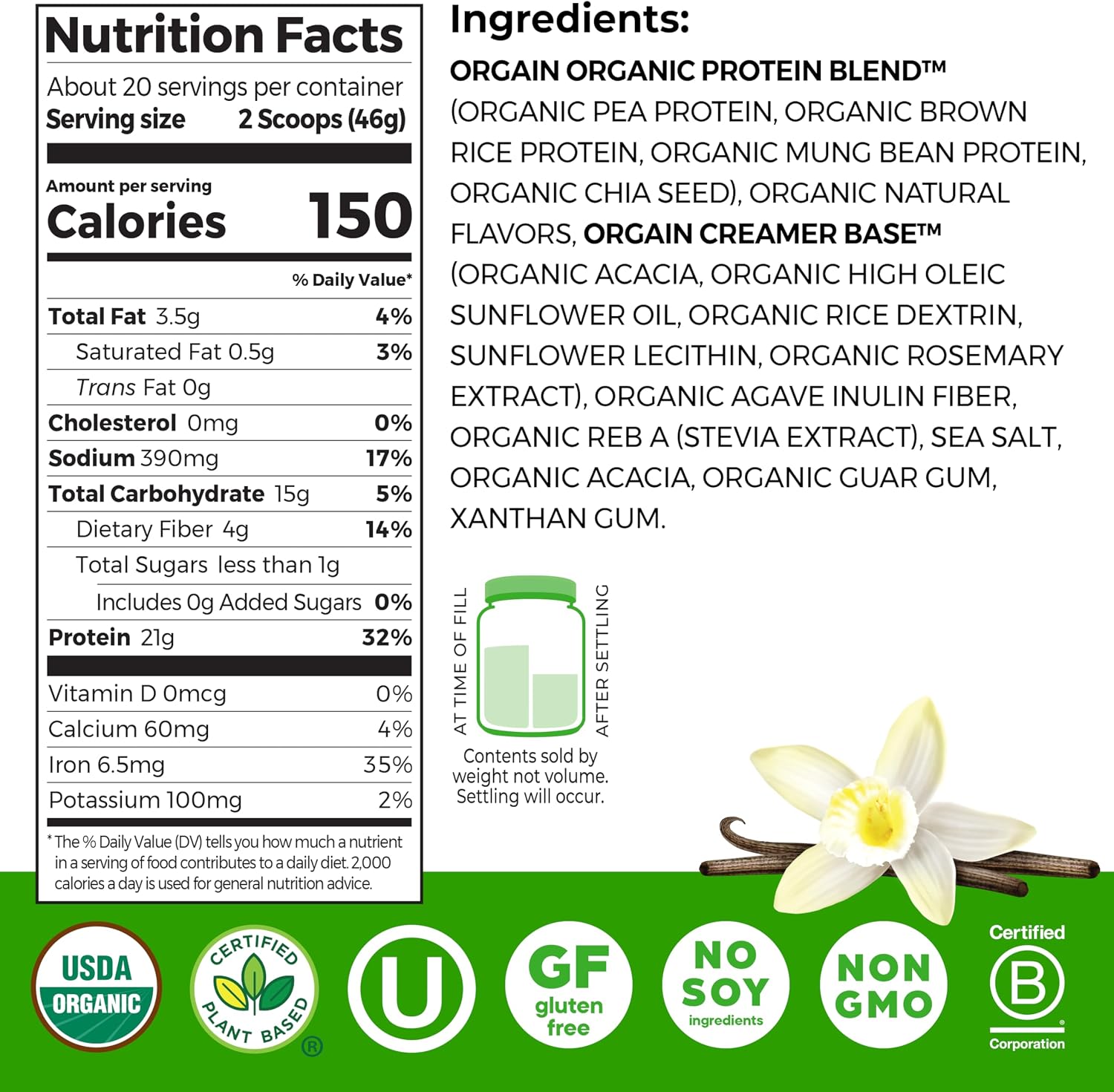 Orgain Organic Plant Based Protein Vanilla Bean 2.03lb – 21g Vegan Protein + 4g Fibre