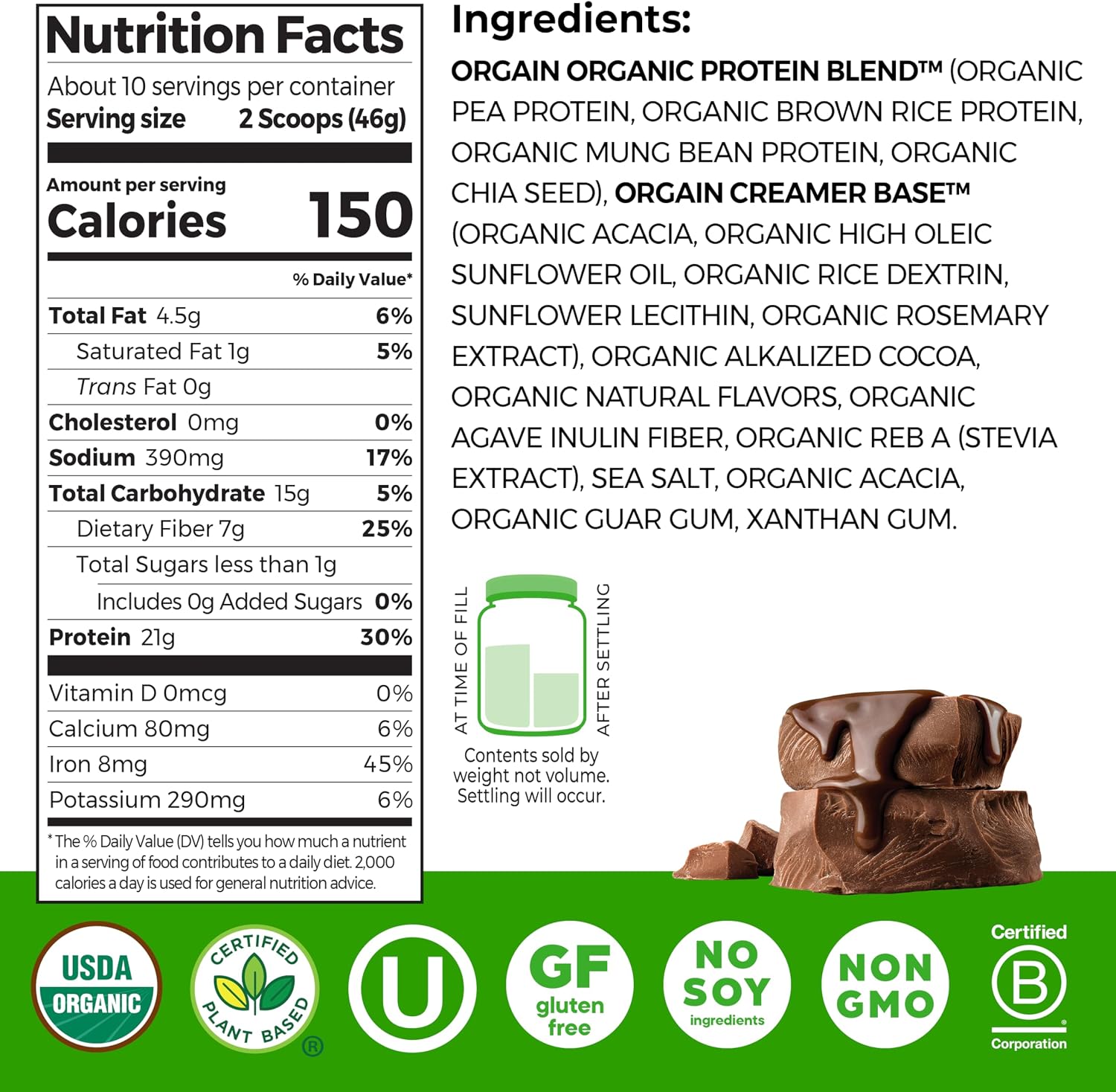 Orgain Organic Plant Based Protein Creamy Chocolate Fudge 2.03lb – 21g Vegan Protein + 7g Fibre