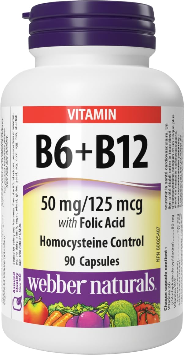 Webber Naturals Vitamin B6, B12 With Folic Acid Capsules 90's For Heart Health, Energy & Nervous System Support