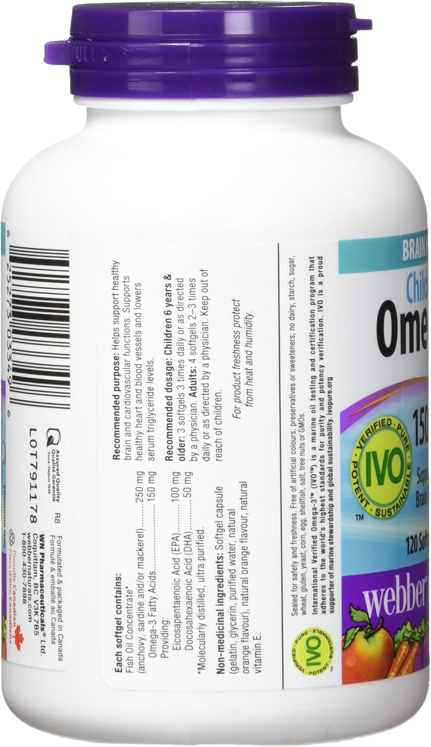 Webber Naturals Children's Omega-3 150mg Softgels 120's For Brain Development, Vision & Healthy Growth