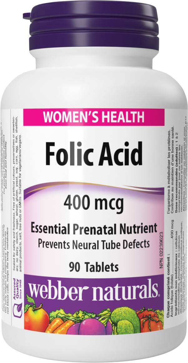 Webber Naturals Folic Acid 400mcg Tablets 90's For Prenatal Health, Red Blood Cell Formation & Dna Synthesis
