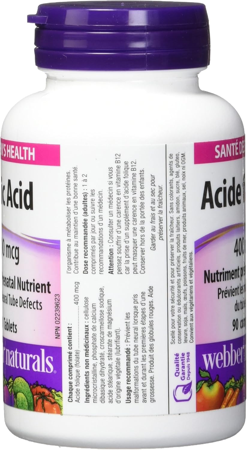 Webber Naturals Folic Acid 400mcg Tablets 90's For Prenatal Health, Red Blood Cell Formation & Dna Synthesis