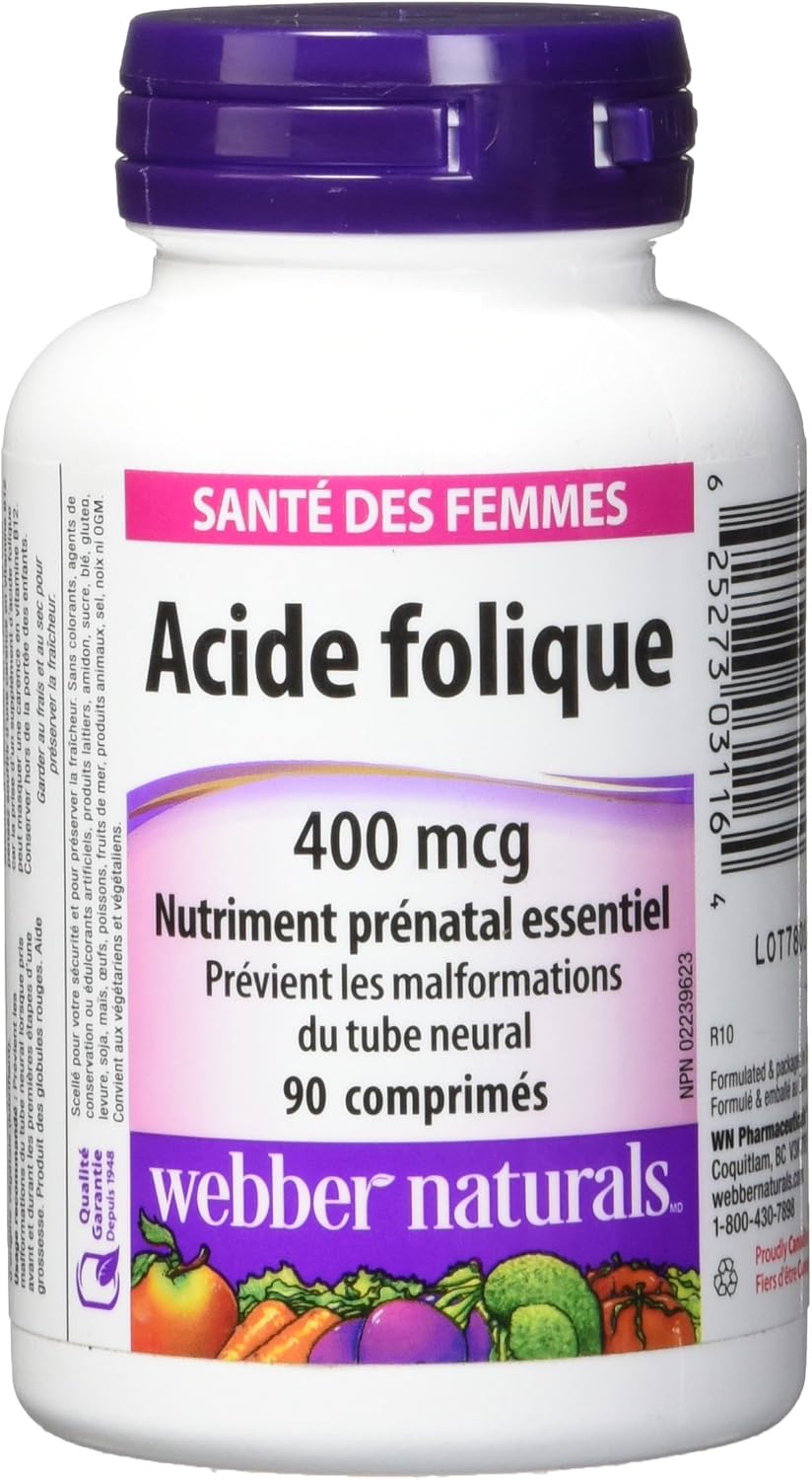 Webber Naturals Folic Acid 400mcg Tablets 90's For Prenatal Health, Red Blood Cell Formation & Dna Synthesis