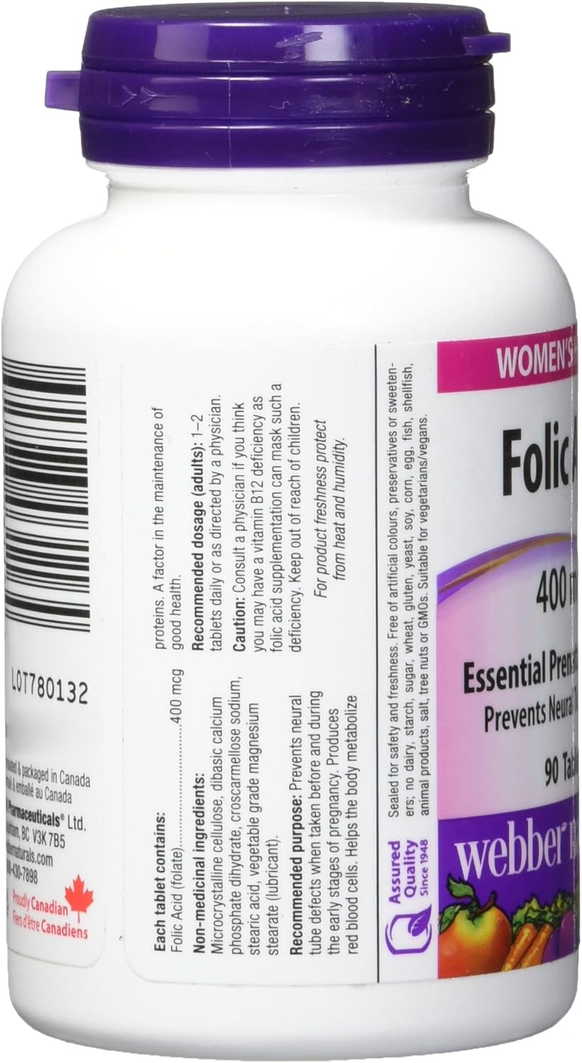 Webber Naturals Folic Acid 400mcg Tablets 90's For Prenatal Health, Red Blood Cell Formation & Dna Synthesis