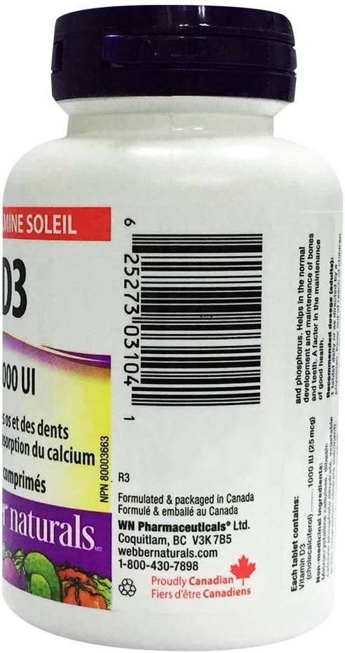 Webber Naturals Vitamin D3 1000iu Tablets 100's For Bone, Teeth & Immune Health