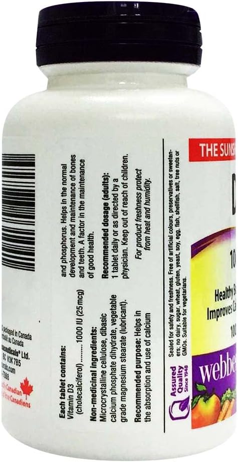 Webber Naturals Vitamin D3 1000iu Tablets 100's For Bone, Teeth & Immune Health