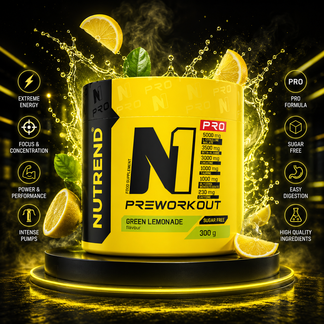 N1 PRO Pre Workout Green Lemonade 300g Sugar Free Pre Workout NUTREND