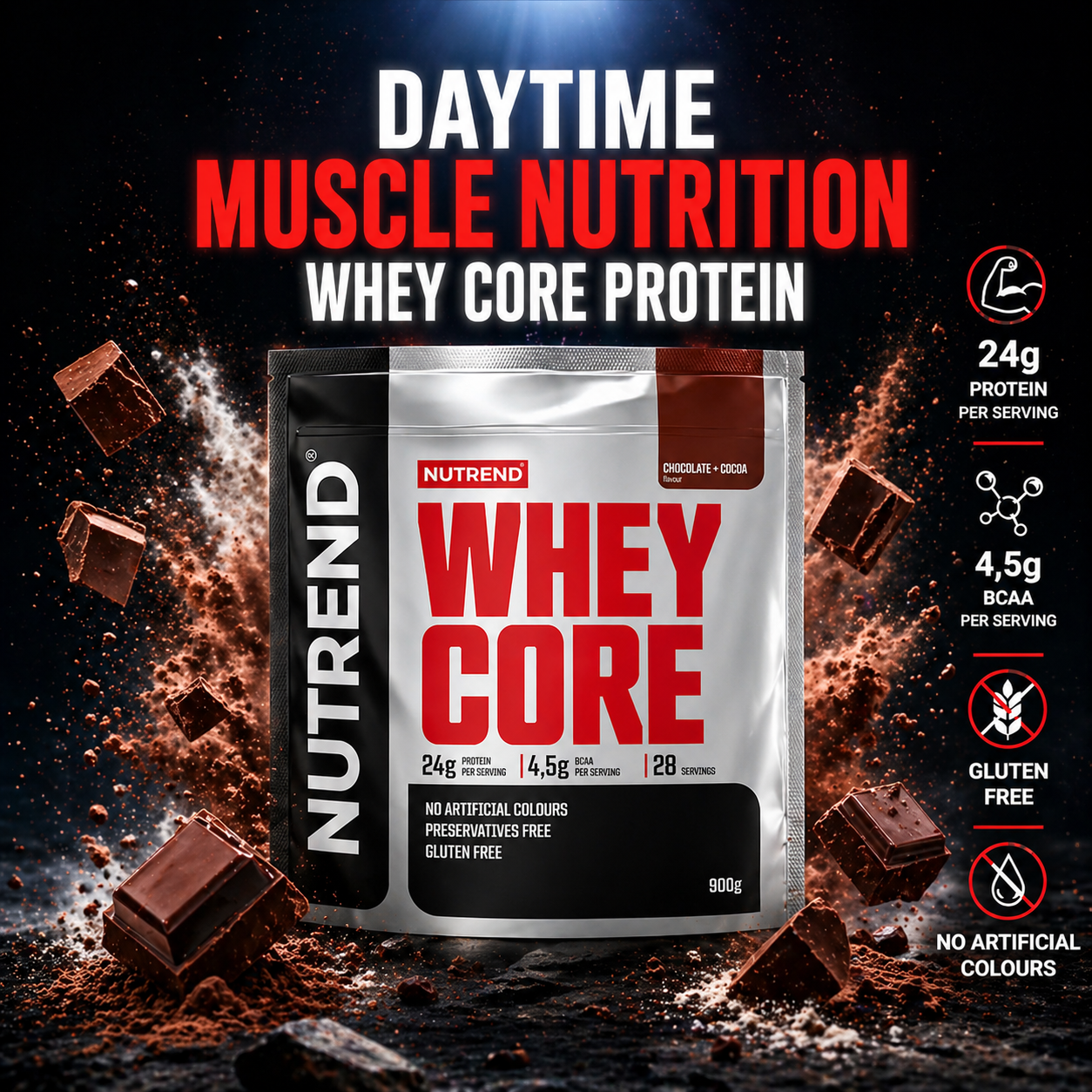 100% Whey Protein Chocolate + Cocoa 900g Gluten Free Whey Protein Powder NUTREND