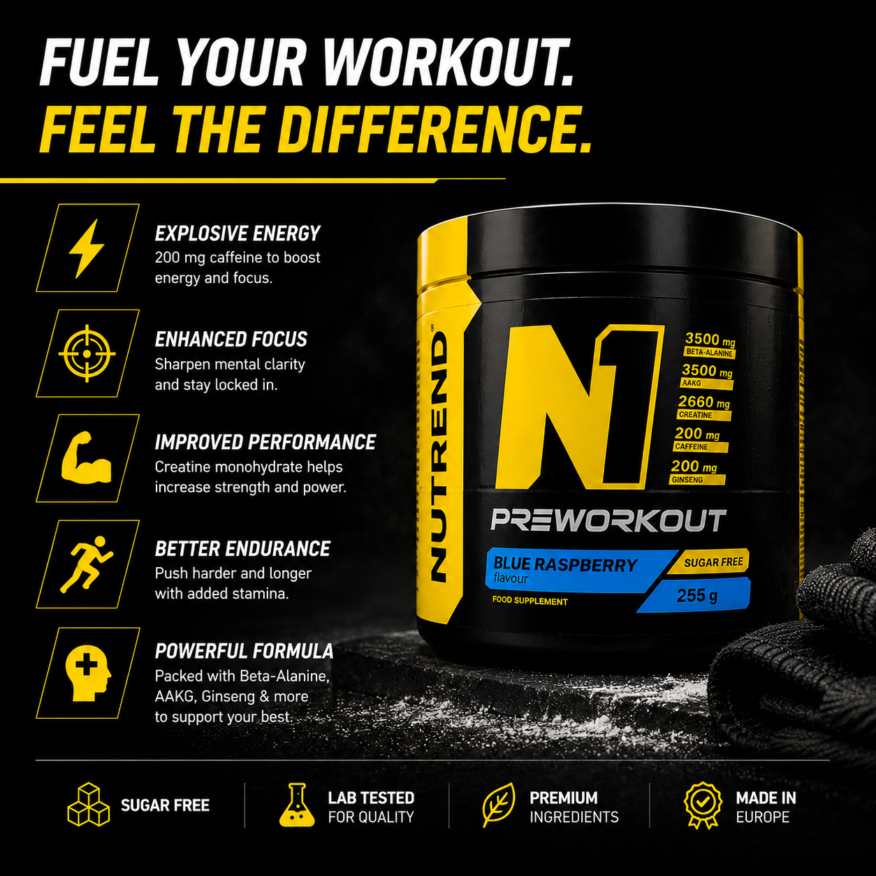 N1 Pre Workout Blue Raspberry 255g High Energy Pre Workout NUTREND