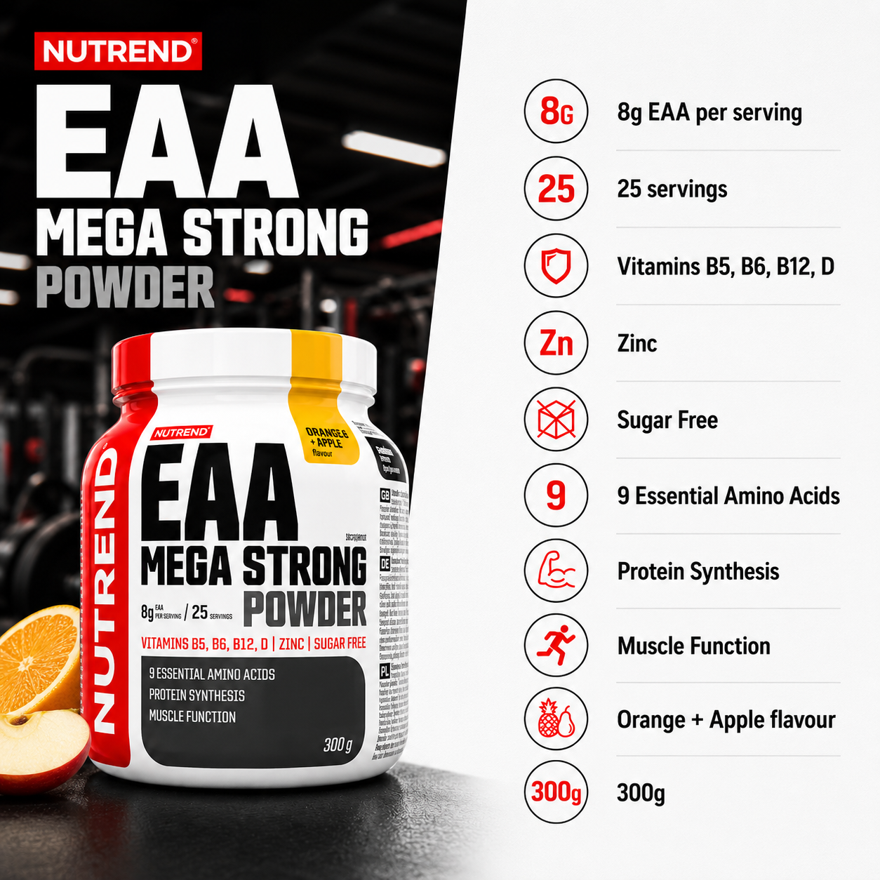 EAA Mega Strong Powder Orange + Apple 300g Essential Amino Acid Powder NUTREND