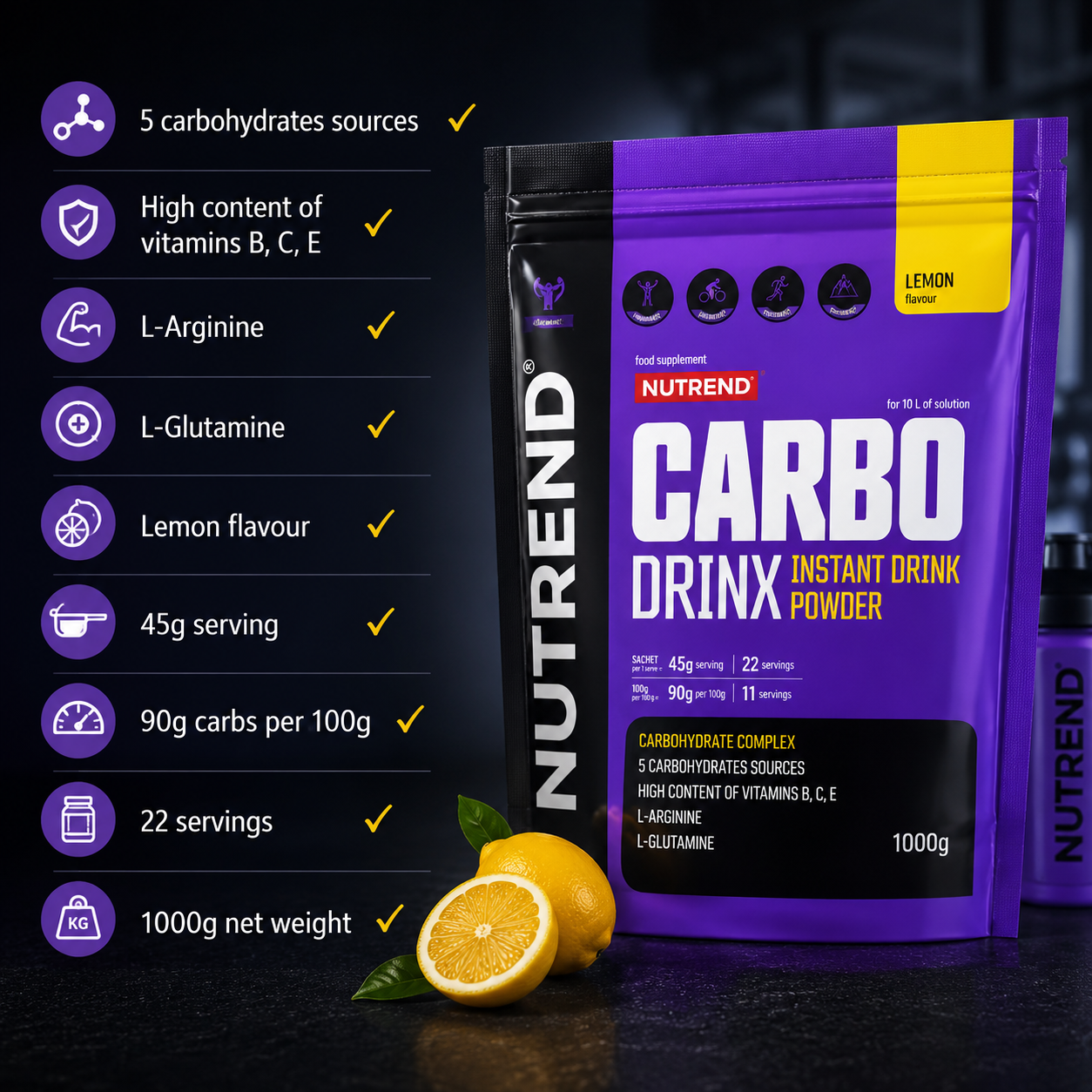 Carbodrinx Instant Drink Powder Lemon 1000g Hydration & Electrolyte Drink NUTREND