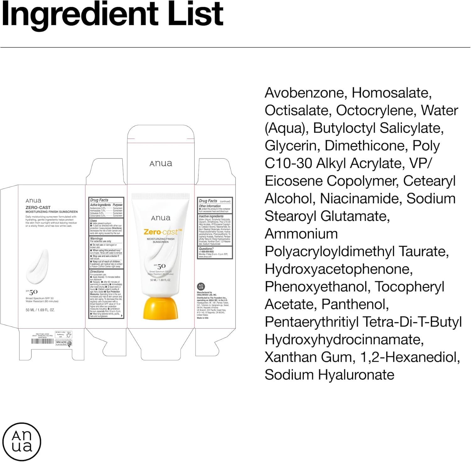 Anua Zero-cast Moisturizing Finish Sunscreen Spf50+ Pa++++ 50ml For Invisible Uv Protection & Daily Hydration