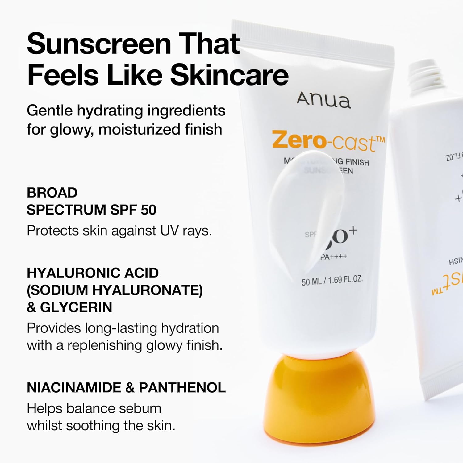 Anua Zero-cast Moisturizing Finish Sunscreen Spf50+ Pa++++ 50ml For Invisible Uv Protection & Daily Hydration