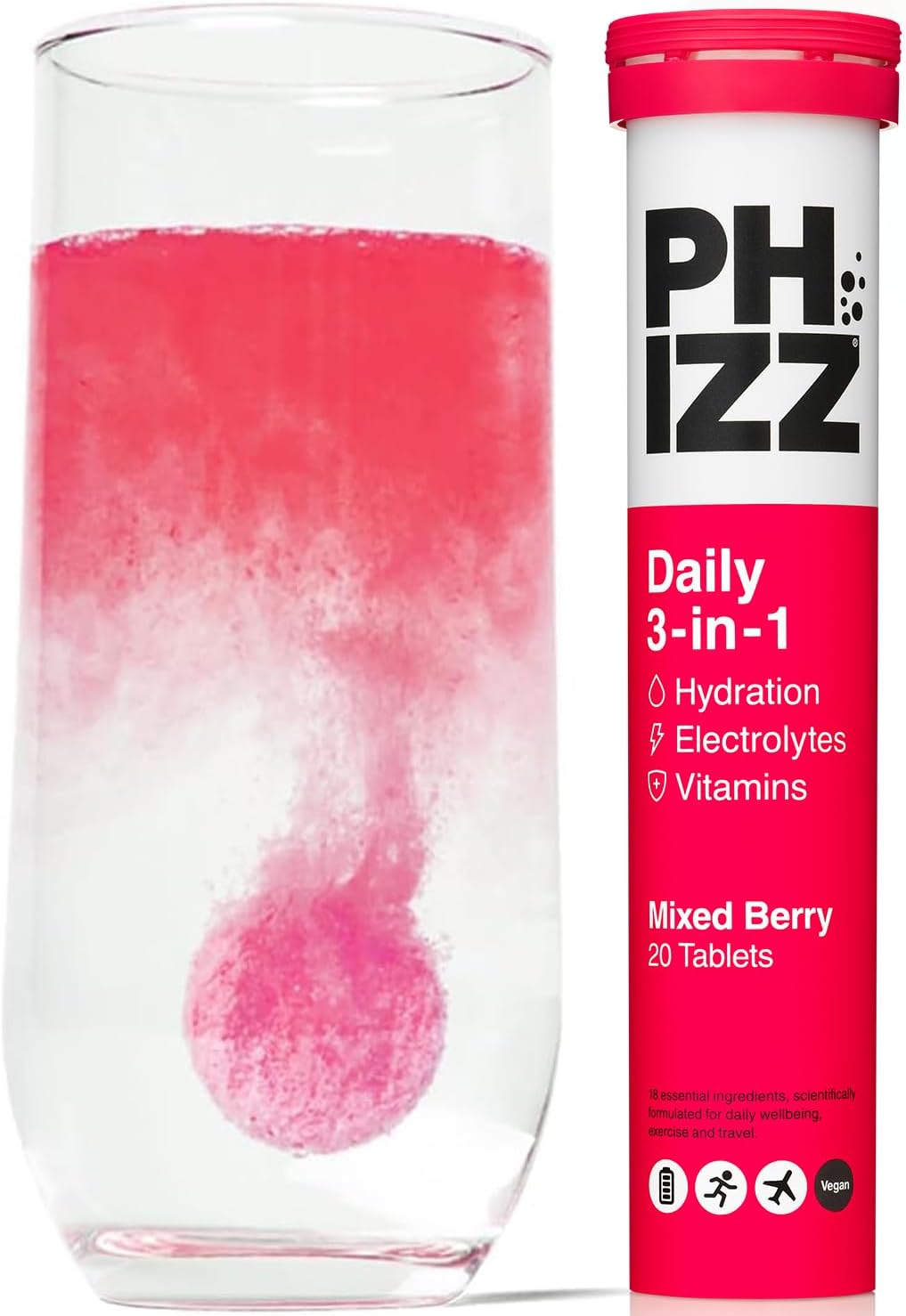 Phizz 3-in-1 Multivitamin & Rehydration Mixed Berry 20 Effervescent Tablets – Hydration, Electrolyte & Daily Vitamin Support