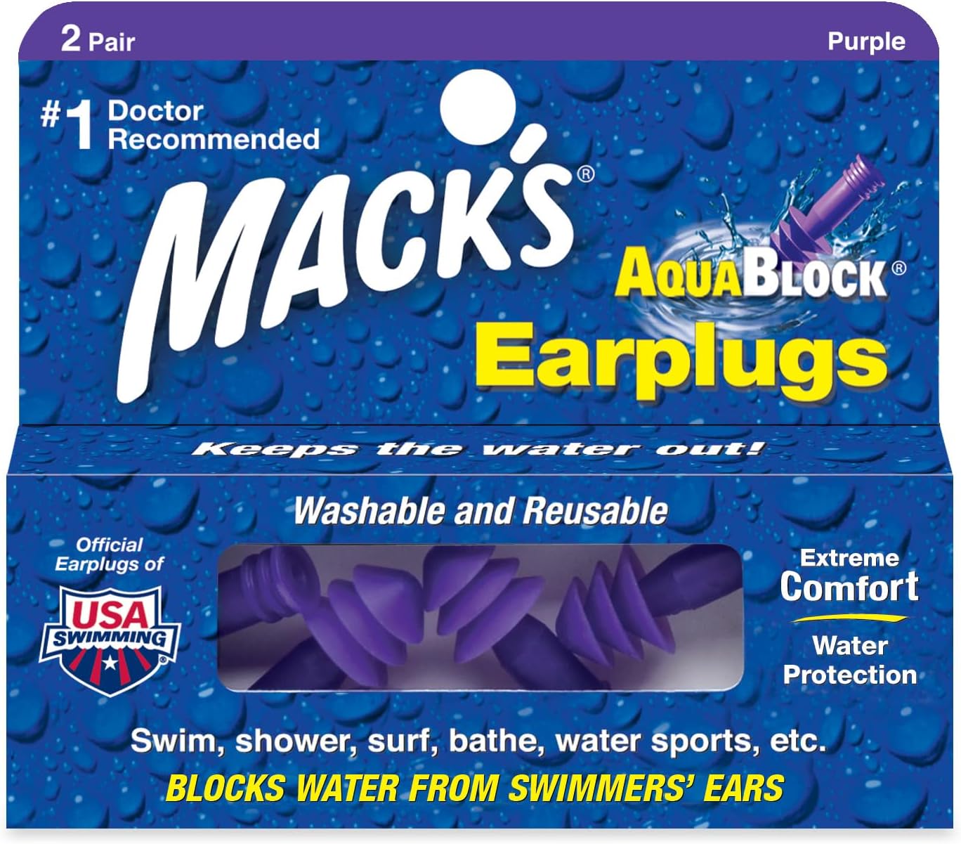 Mack's Aquablock Earplugs Purple 2 Pairs