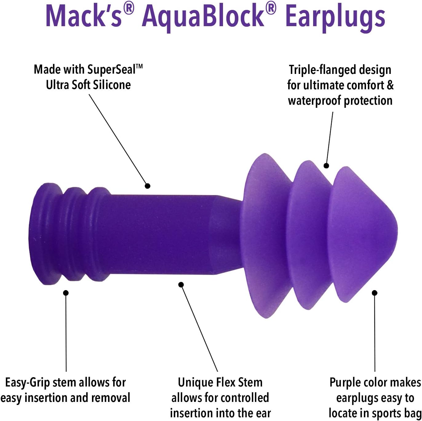 Mack's Aquablock Earplugs Purple 2 Pairs