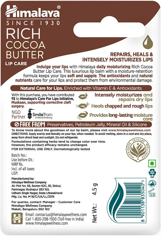 Himalaya Intensive Moisturizing Cocoa Butter Lip Balm 4.5 G