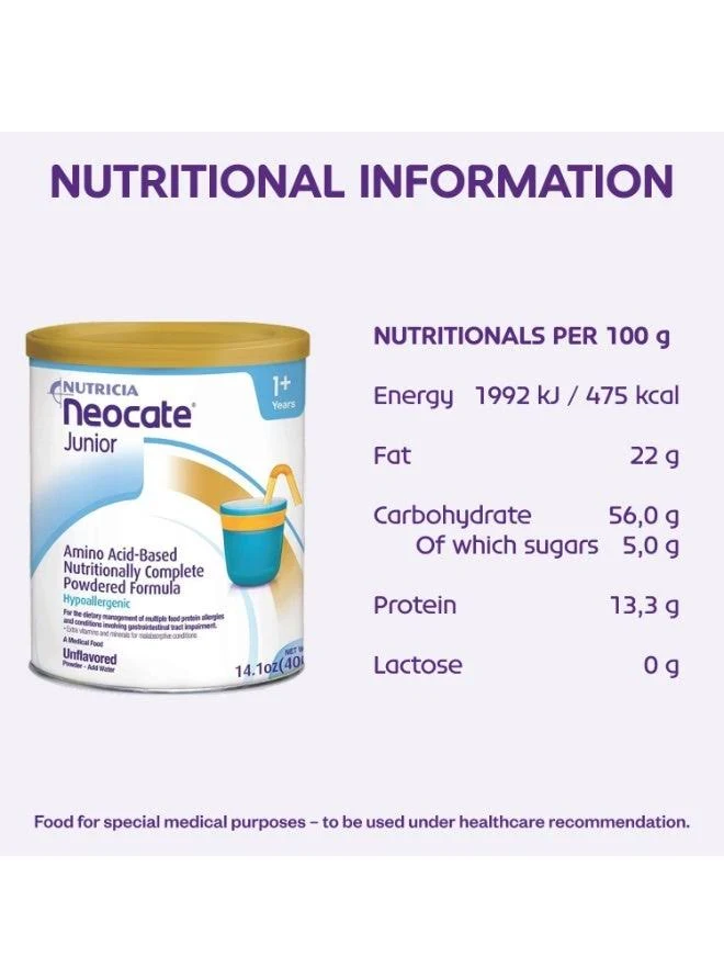 Neocate Junior Unflavoured 400g Amino Acid-Based Nutritionally Complete Formula for Children 1+ Years with Cow's Milk Allergy