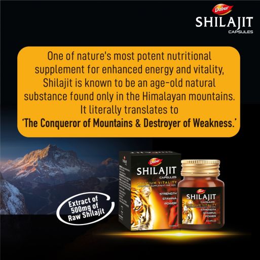Dabur Shilajit Capsules 100's with Purified Shilajit Extract for Energy, Stamina, Vitality & Men's Wellness