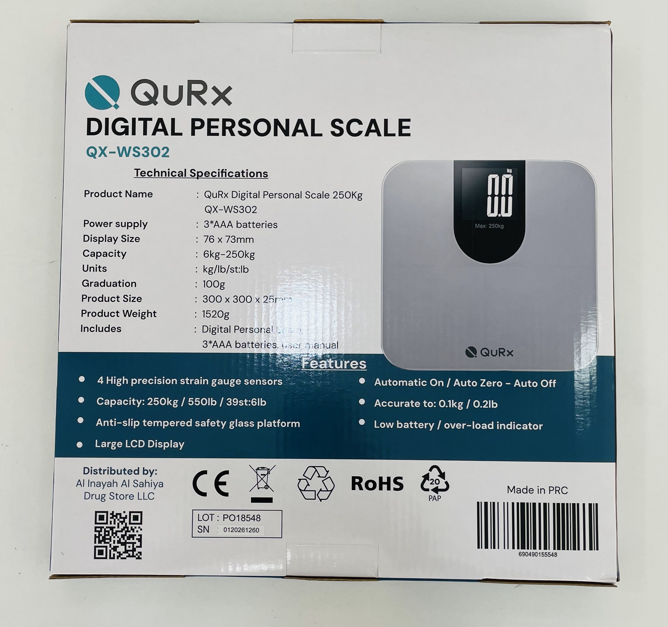 Qurx Heavy Duty Digital Weighing Scale 250kg QX-WS302 With 3-year Warranty For Accurate High-capacity Weight Measurement