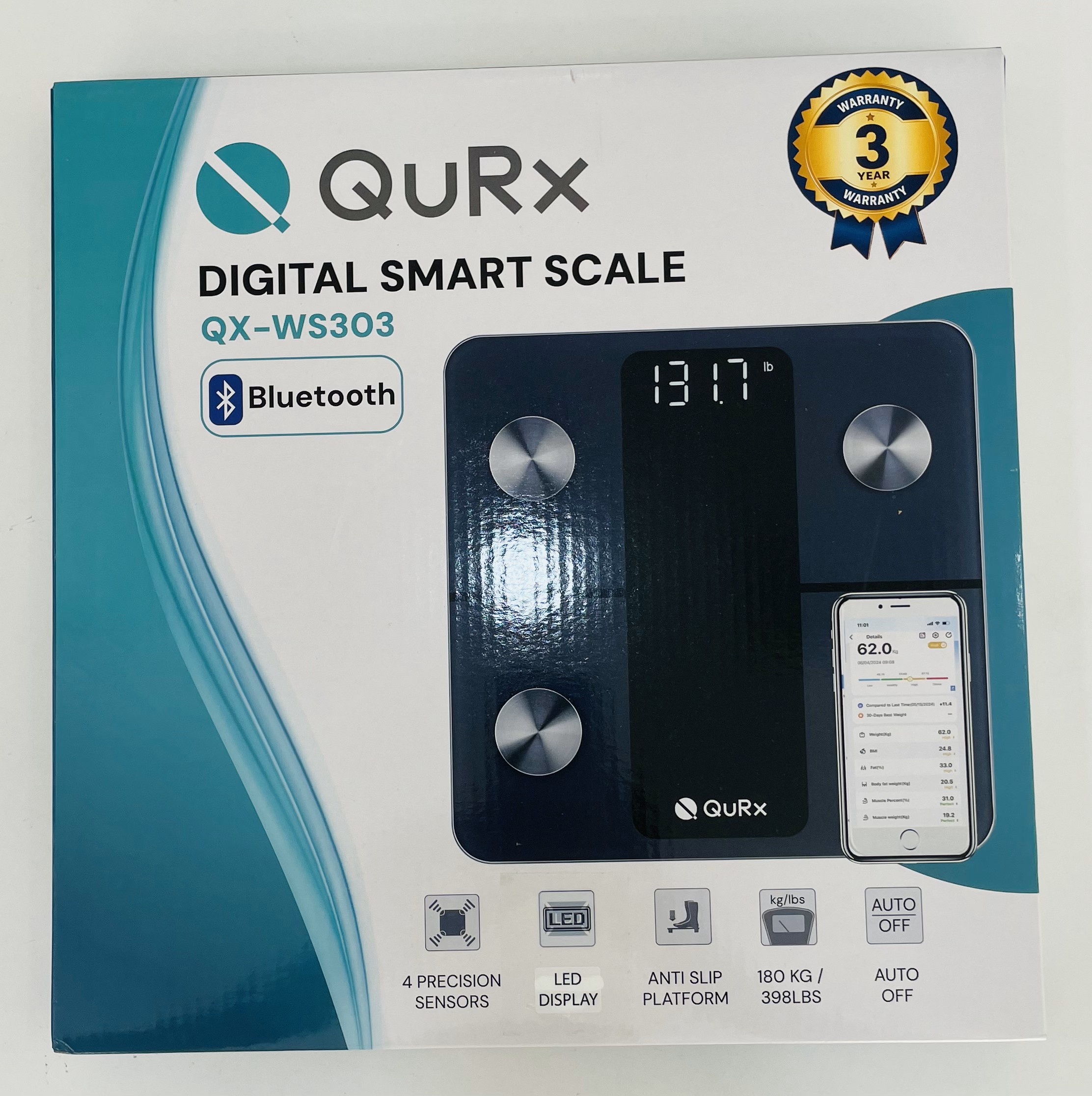 Qurx Smart Weighing Scale 180kg Qx-ws303 With Body Composition Analysis, Bluetooth Connectivity & 3-year Warranty