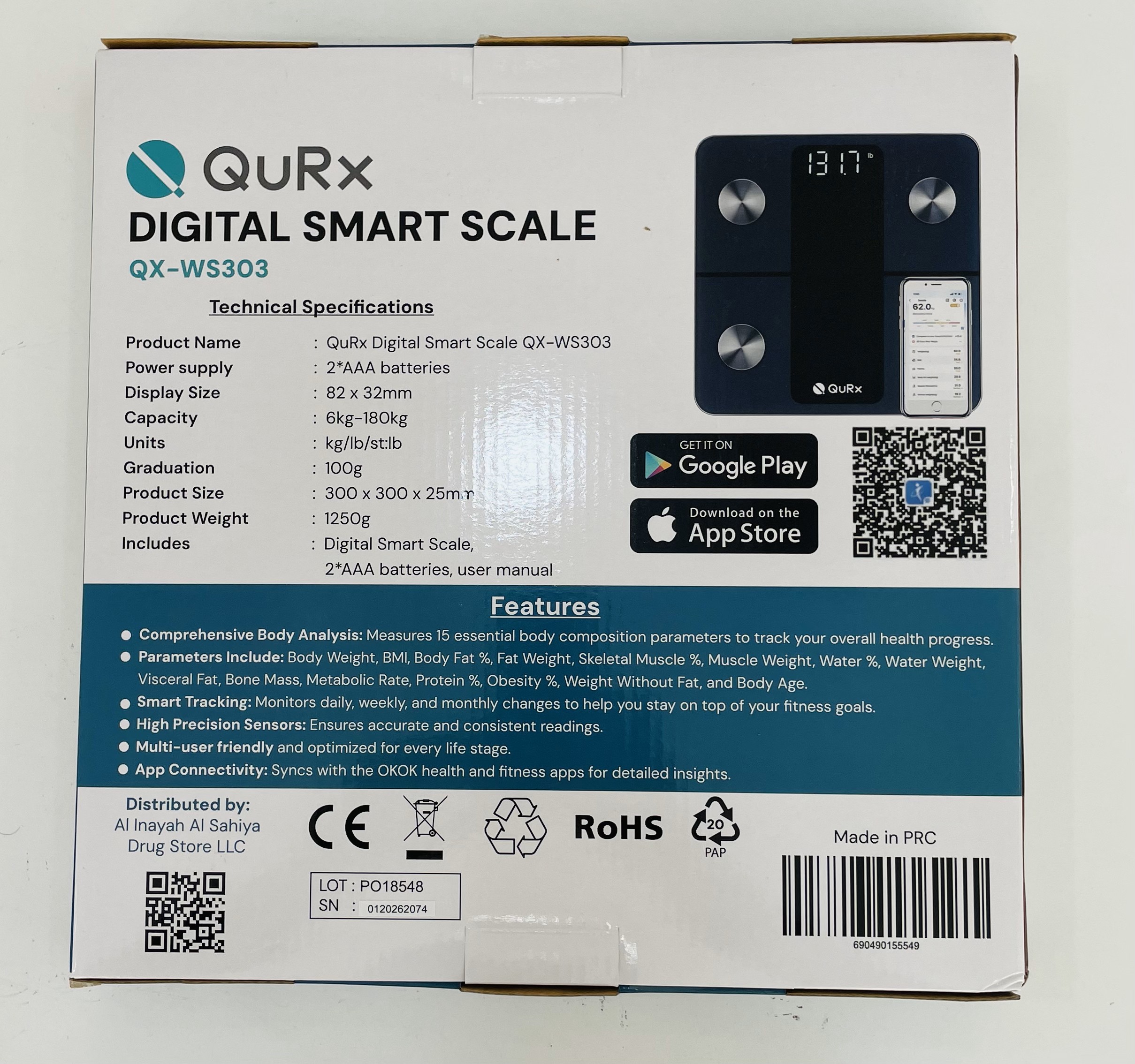 Qurx Smart Weighing Scale 180kg Qx-ws303 With Body Composition Analysis, Bluetooth Connectivity & 3-year Warranty