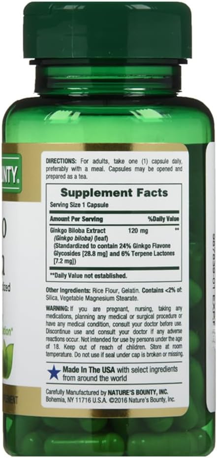 Nature's Bounty Ginkgo Biloba 120mg Capsules For Brain & Memory Support 100's