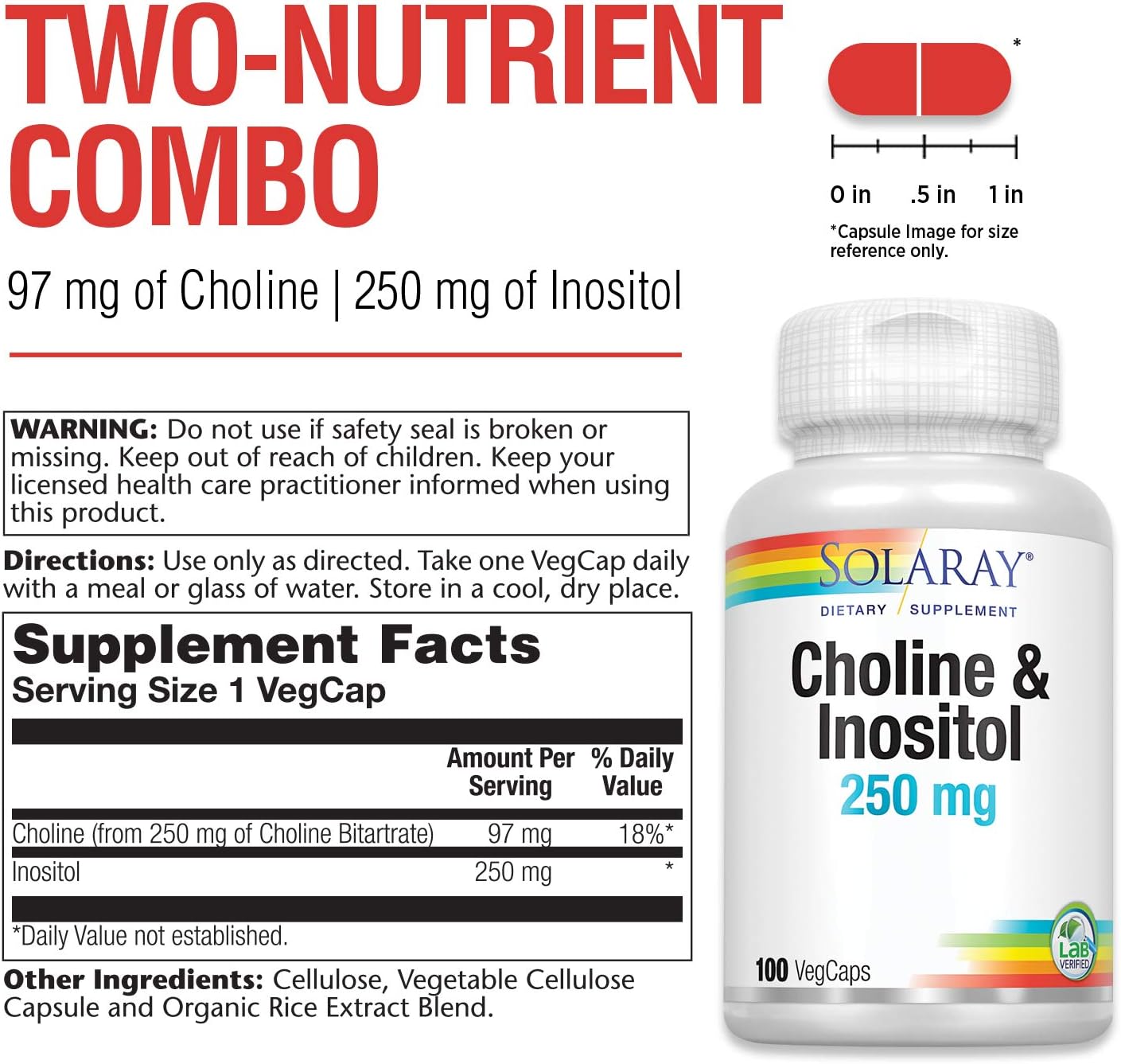 Solaray Choline & Inositol 250mg Vegcaps 100's For Liver Health, Brain Function & Nervous System Support