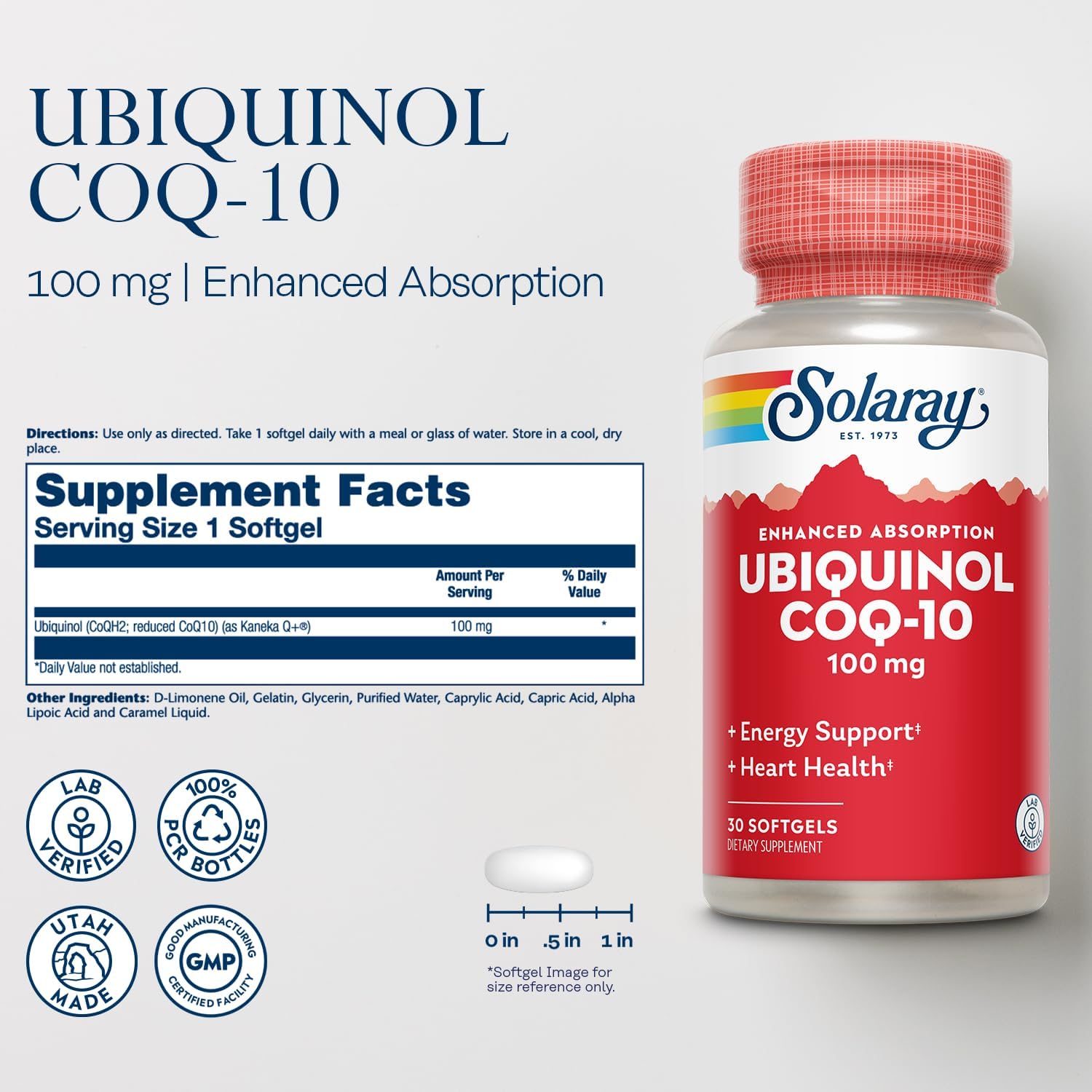 Solaray Ubiquinol Coq-10 100mg Softgels 30's For Heart Health, Cellular Energy & Antioxidant Support