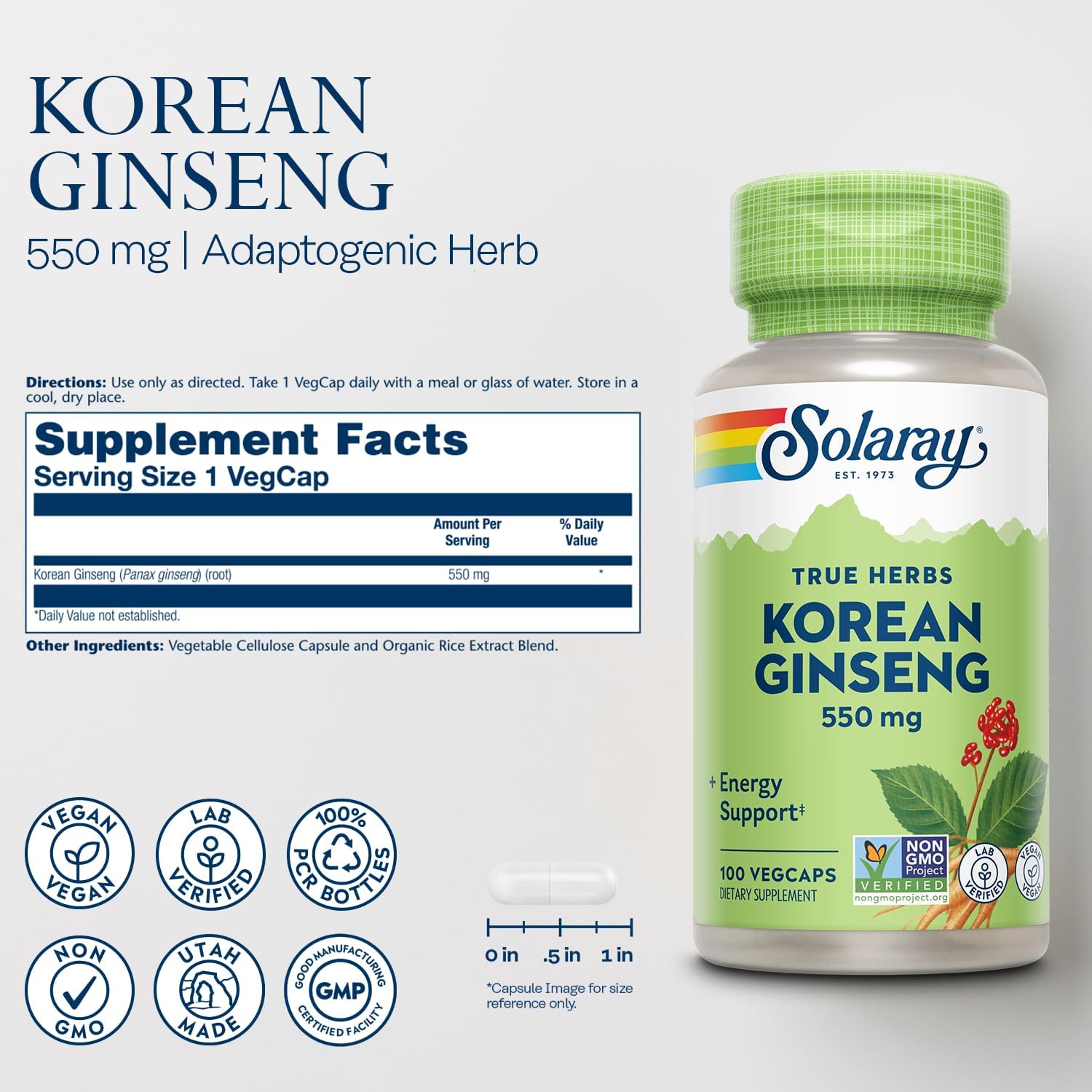 Solaray Korean Ginseng 550mg Vegcaps 50's For Energy, Stamina, Mental Performance & Immune Support