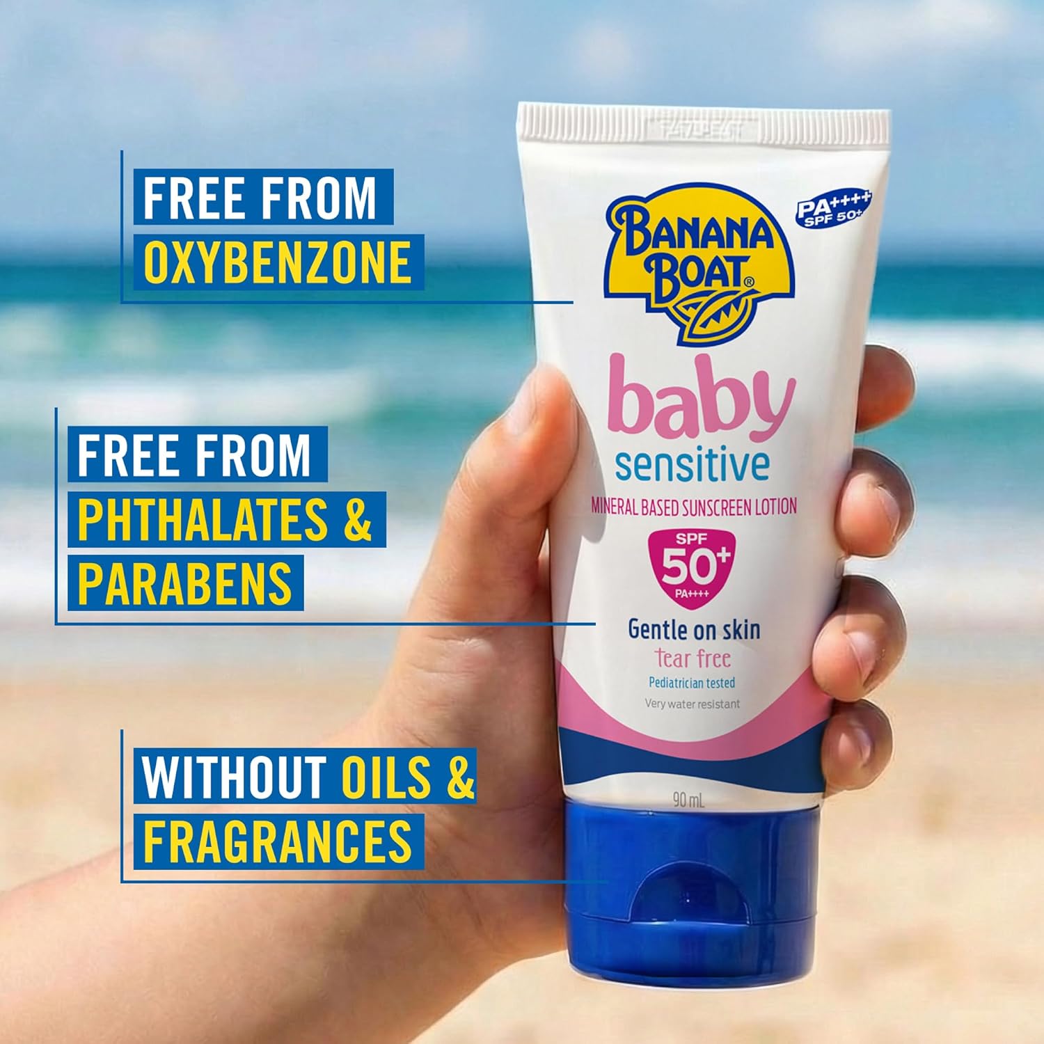 Banana Boat Baby Sensitive Mineral-based Sunscreen Lotion Spf50+ Pa++++ 90ml, Tear-free, Gentle On Skin, Pediatrician Tested & Very Water Resistant (1+1 Offer)