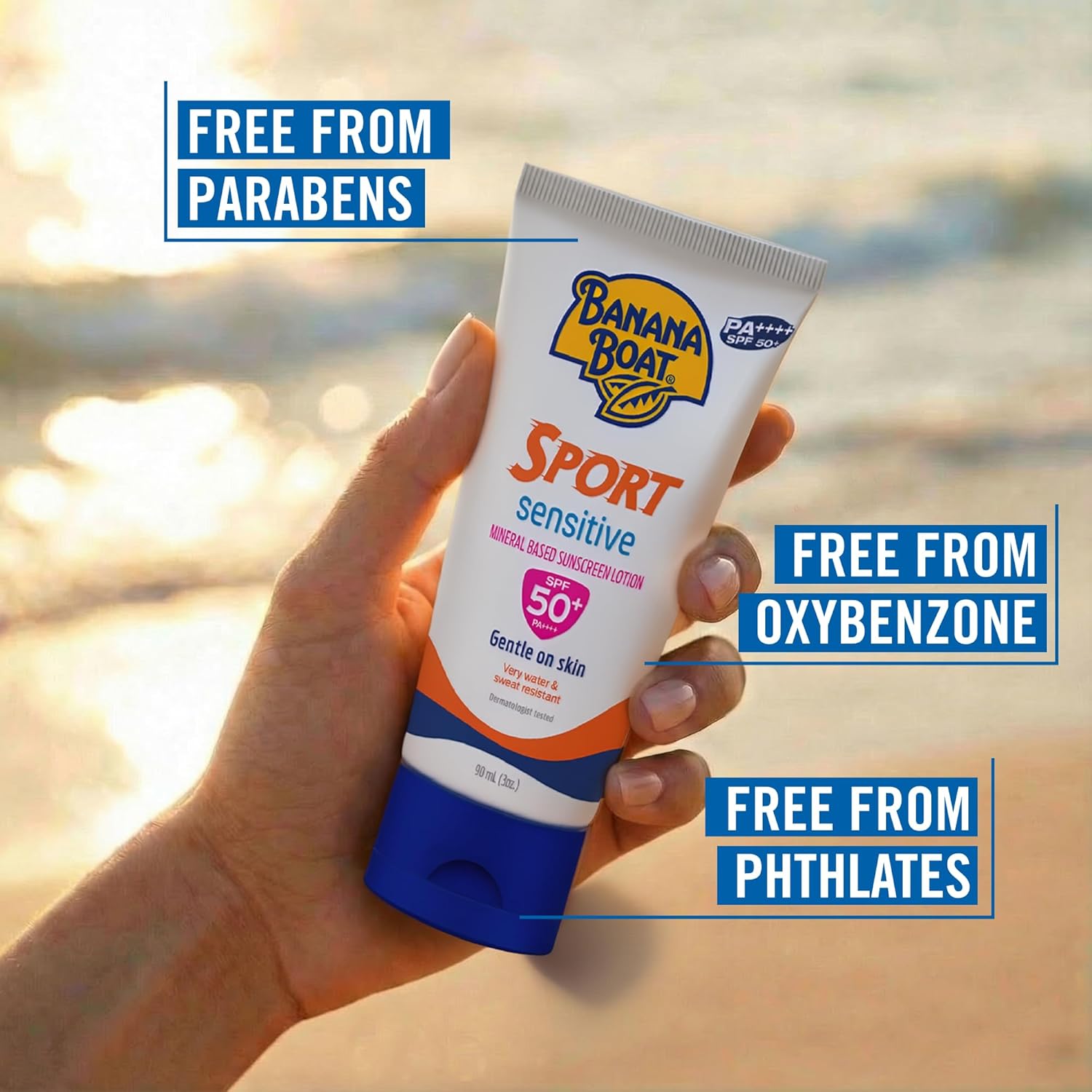 Banana Boat Sport Sensitive Mineral-based Sunscreen Lotion Spf50+ Pa++++ 90ml, Very Sweat & Water Resistant (1+1 Offer)