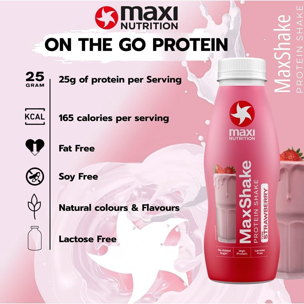Maxinutrition Maxshake Strawberry Protein Shake 330ml With 25g Protein, Lactose Free & No Added Sugar