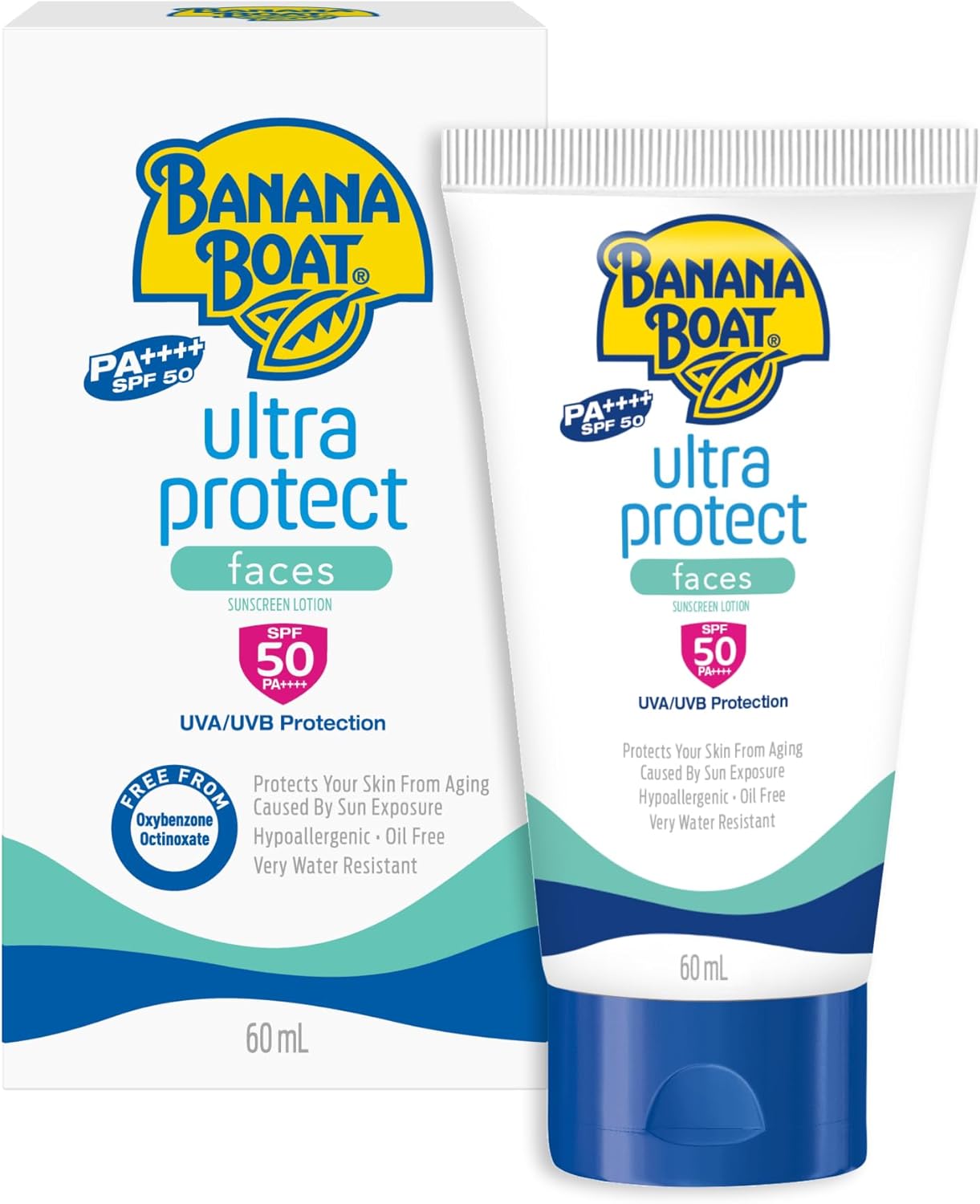Banana Boat Ultra Protect Face Sunscreen Lotion Spf50 Pa++++ 60ml With Uva & Uvb Protection, Aloe Vera & Vitamin E, Lightweight Non-greasy Formula (1+1 Offer)