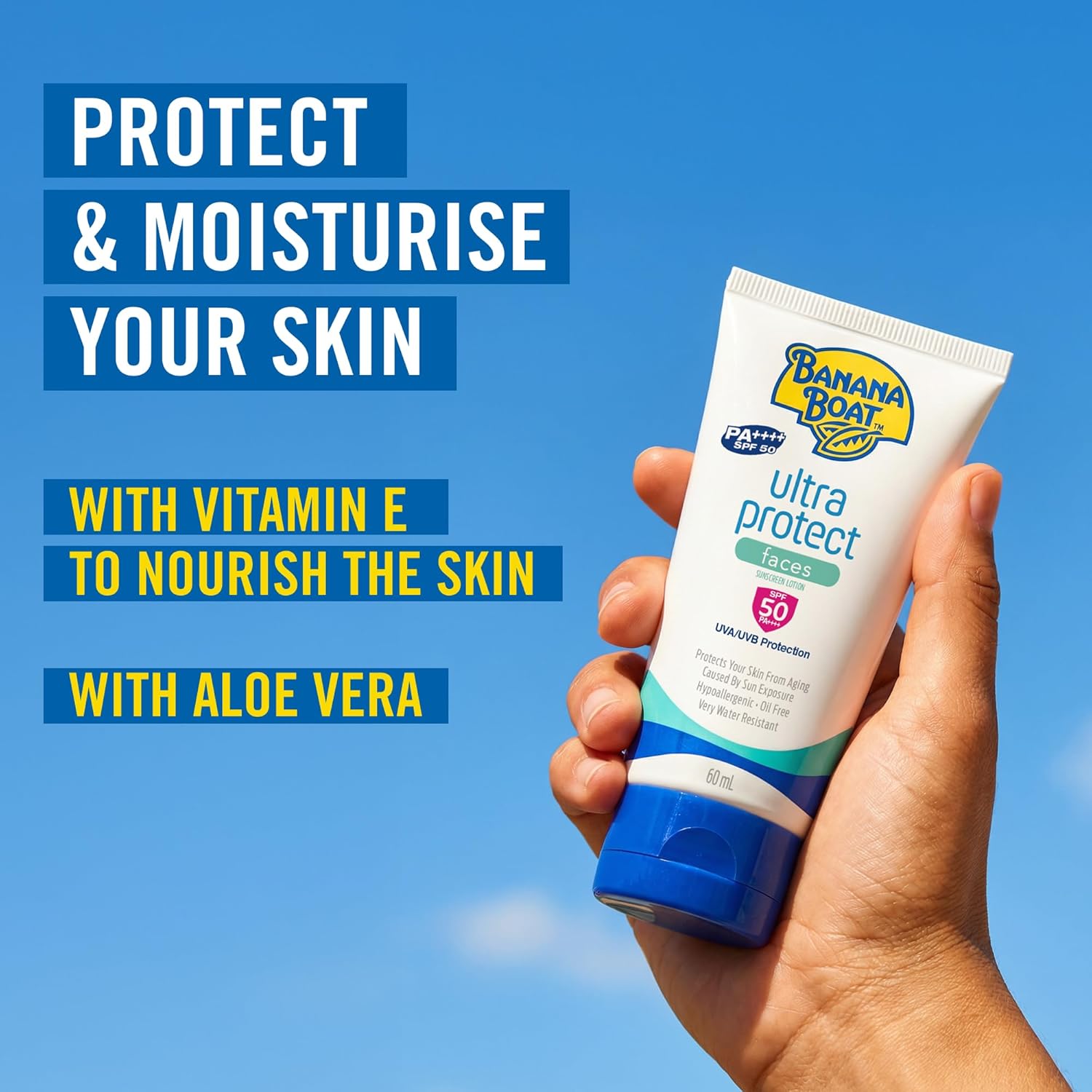 Banana Boat Ultra Protect Face Sunscreen Lotion Spf50 Pa++++ 60ml With Uva & Uvb Protection, Aloe Vera & Vitamin E, Lightweight Non-greasy Formula (1+1 Offer)