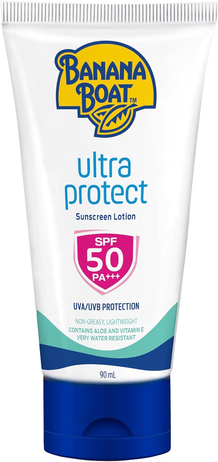 Banana Boat Ultra Protect Sunscreen Lotion Spf50 Pa++++ 90ml With Uva & Uvb Protection, Aloe Vera & Vitamin E, Lightweight Non-greasy & Very Water Resistant (1+1 Offer)